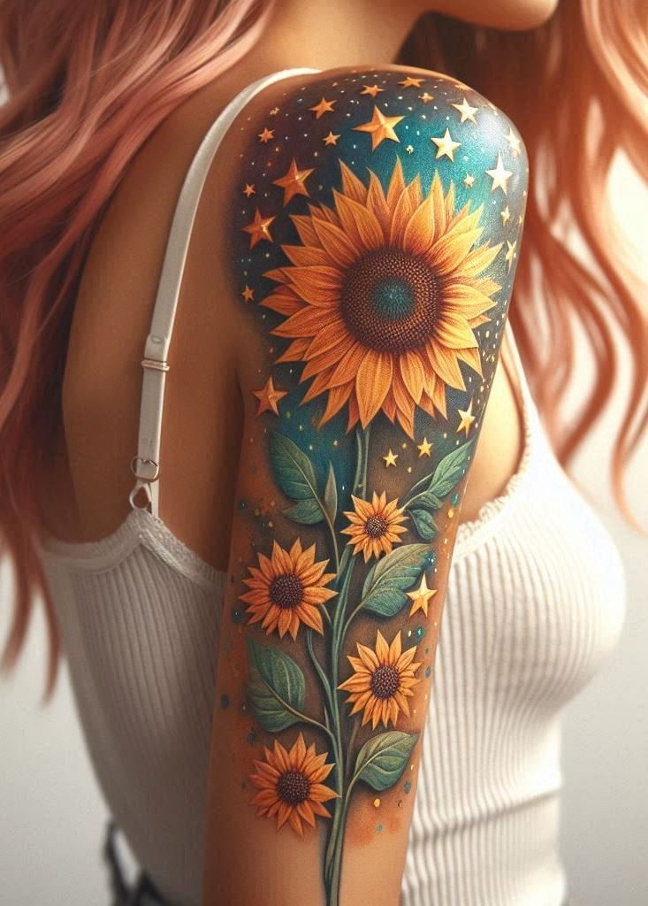 Arm adorned with sunflowers and stars – a poetic ode to the beauty that thrives both in daylight and moonlight.