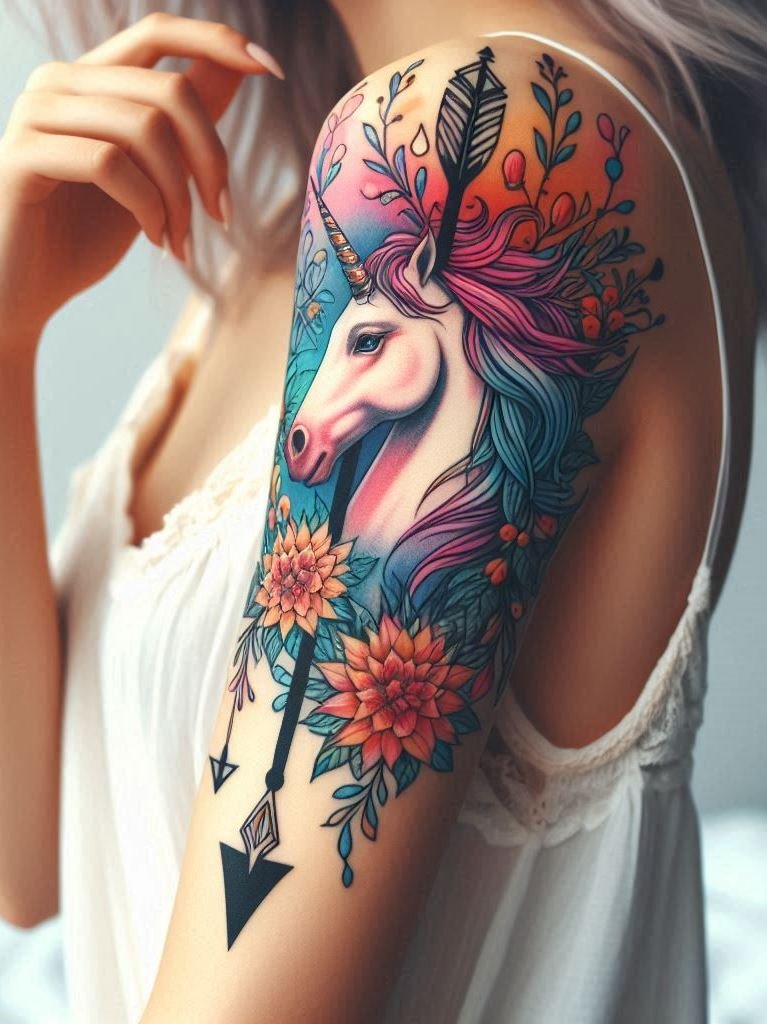 Enchanting Elegance: A unicorn gracefully nestled among delicate blooms on the forearm—a magical fusion of fantasy and femininity. 🌸🦄