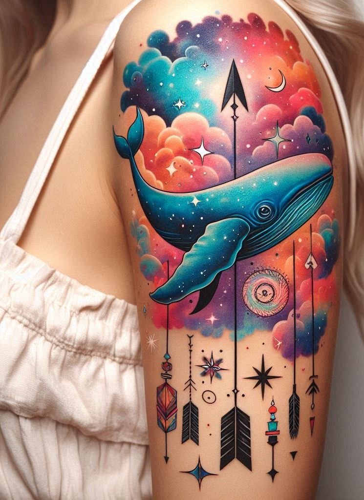 Whale tales meet stardust trails! 🌠🐋 A celestial cetacean, its tail morphing into constellations. Because every inked story deserves a cosmic twist. ✨