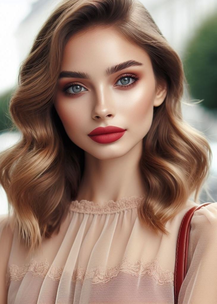 Minimal makeup, maximum impact! Let your vermilion lips be the star of the show for a truly unforgettable look.