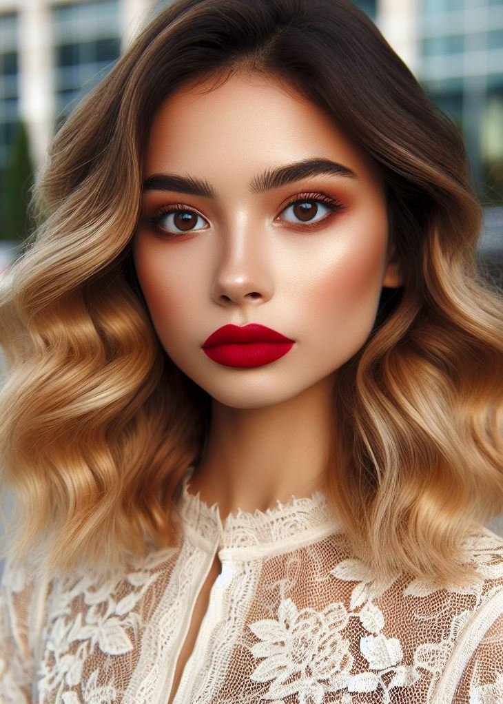 Summer Lovin'! Coral red lips add a touch of playful vibrancy, perfect for warm weather and sunny days.