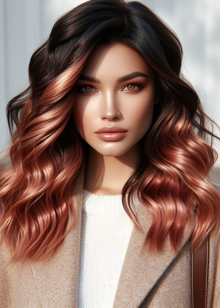 Hair Color Trends: Brassy Brunettes Beware! Cool Tones are Here | Pocoko Light Brown with Glossy Rose Color: A current-day bombshell look! Add copper and pink to light brunette hair with rose gold highlights. If you’re up for high-maintenance hair, this is the style for you.