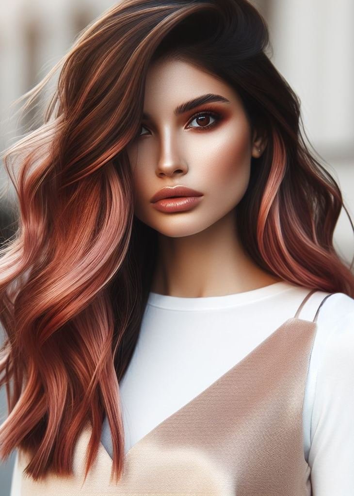 Hair Color Trends: Brassy Brunettes Beware! Cool Tones are Here | Pocoko Very Long Balayage: Enhance long hair with a unique rose gold tone. Maintain it by washing with cold water and using toning conditioner. Style with curls to show off the beautiful dimensions.