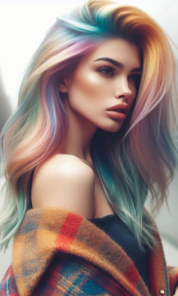 Hair Color Trends: Brassy Brunettes Beware! Cool Tones are Here | Pocoko “Hidden Prism Whispers”: Imagine your hair concealing a secret rainbow. It’s there, tucked away, waiting to surprise the world when you style it up. Like a whispered promise of joy.