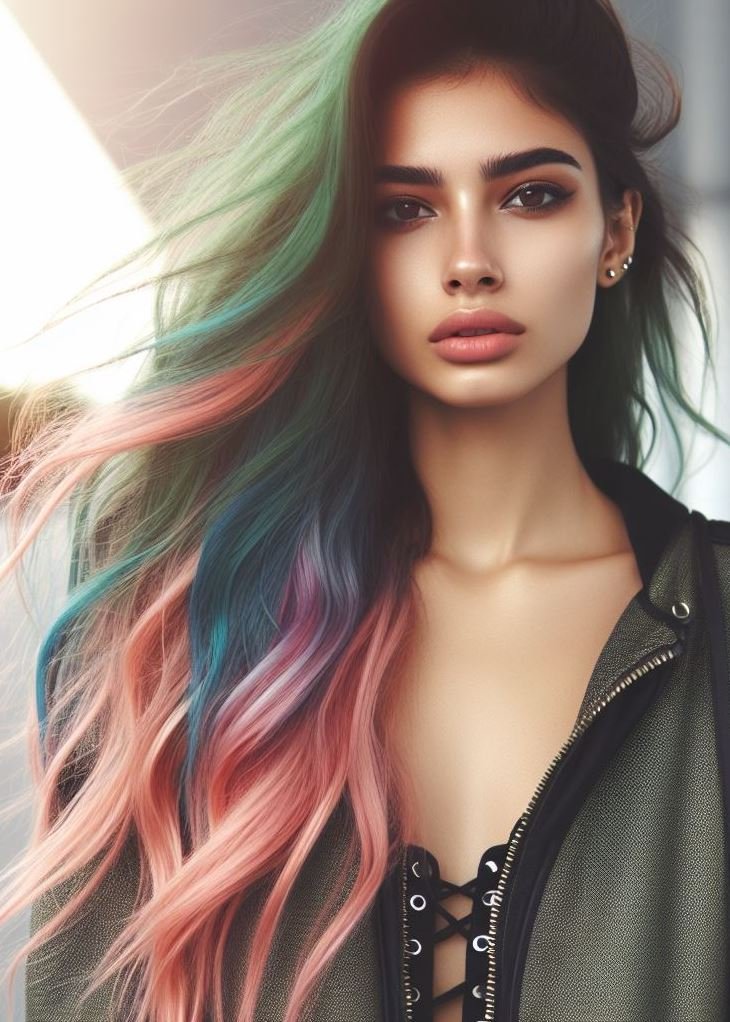 Hair Color Trends: Brassy Brunettes Beware! Cool Tones are Here | Pocoko “Galactic Waterfall”: Long locks cascade like a cosmic waterfall. From indigo to turquoise to magenta, your hair flows like a celestial river. It’s the universe whispering, “You’re made of stardust.
