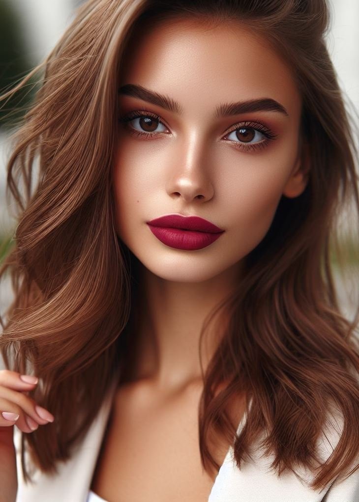 Classic with a twist! Burgundy lips elevate your makeup for timeless elegance with a modern edge.