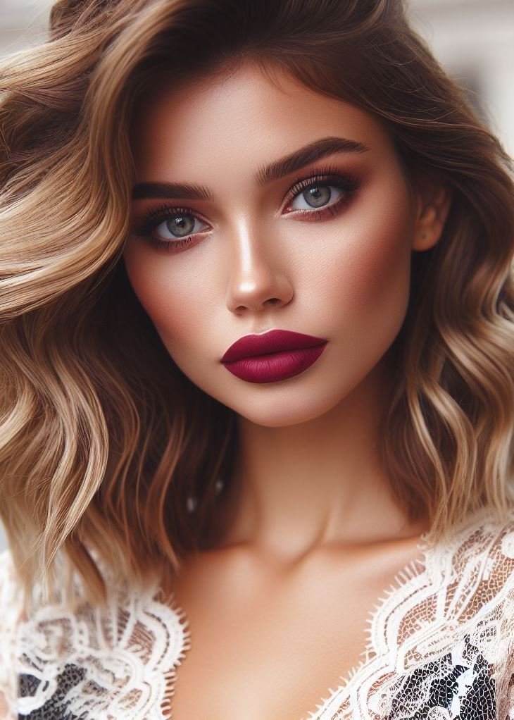 Classic with a twist! Brick red lips elevate your makeup for timeless beauty with a touch of earthiness.