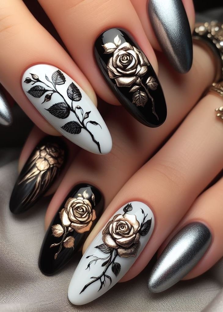 Strawberry Rose Whimsy: Playful yet poised, one hand flaunts alternating black and nude nails, some speckled with white polka dots. The other hand showcases pink and red rose masterpieces, with sliced strawberry impressions peeking through. A whimsical look that’s berry delightful!