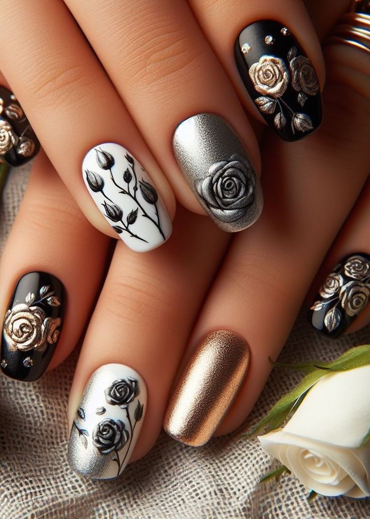 Stained Glass Petals: Step into a world of floral fantasy with nails that mimic the timeless beauty of stained glass. Red roses outlined in stark black polish create an elegant and striking design.