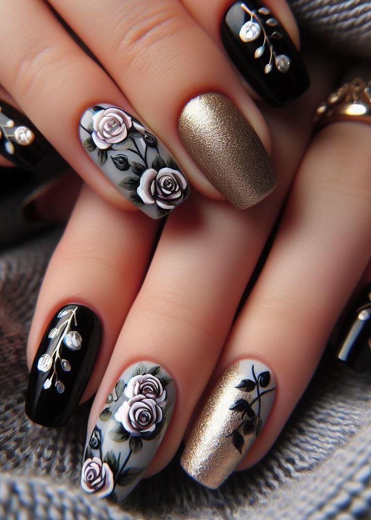 Vintage Pink Blossoms: Long coffin nails bathed in matte light pink, with sparkling rhinestones gracing the cuticles. Accent nails reveal a nostalgic pattern of pink roses in glossy finish, inviting old-world charm. Vintage vibes, modern twist!