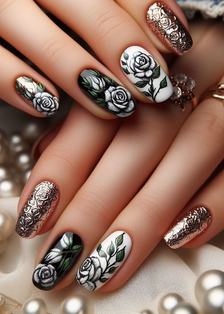 Monochrome Petal Poetry: Imagine a piano keyboard transformed into nail art—black and white keys playing a harmonious tune. Each nail features a delicate rose, petals painted in grayscale gradients. A poetic ode to elegance!