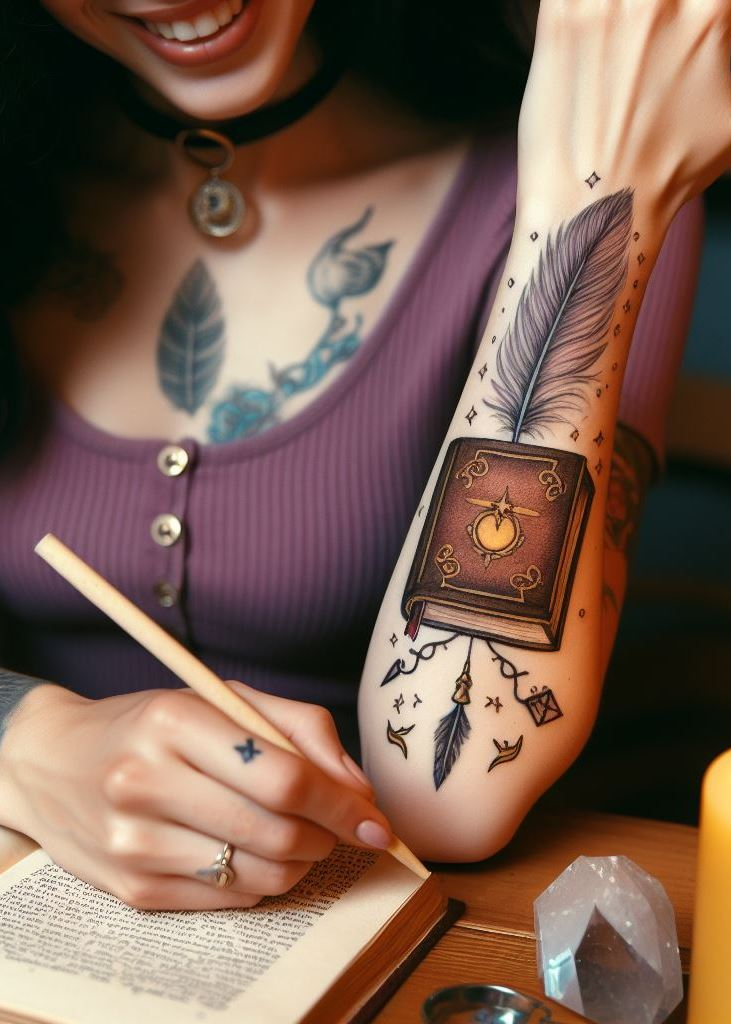 Unlock the arcane—the Book of Spells graces your arm. Earth glyphs ground you, air symbols weave magic, fire ignites your purpose, and water flows through your veins. Tattooed wisdom, a testament to your mystical journey. 🌿🌬️