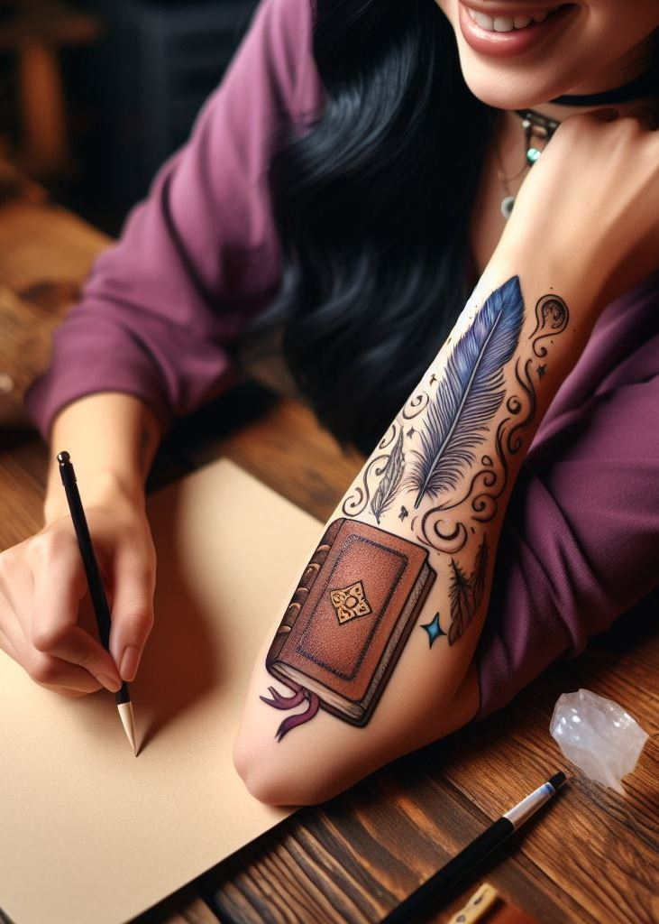 Ancient wisdom unfurls across your arm—the Book of Spells, its pages adorned with elemental symbols. Earth roots you, air lifts you, fire ignites your passions, and water flows through your veins. Inked enchantments, woven into your very being.