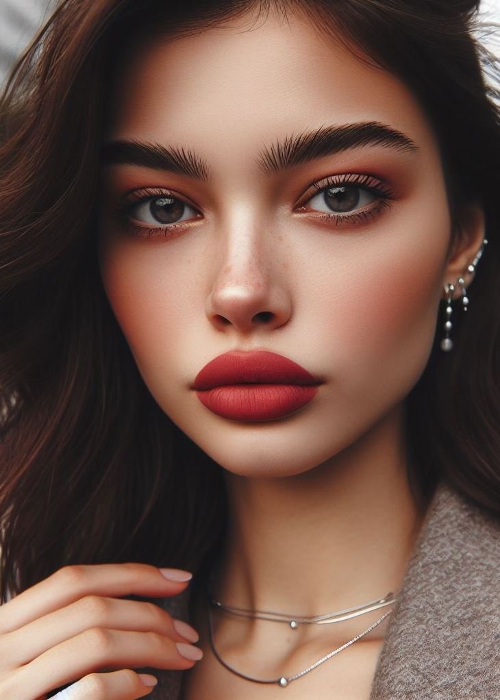 Minimal makeup, maximum impact! Let carmine lips be the focal point for a darkly alluring look.