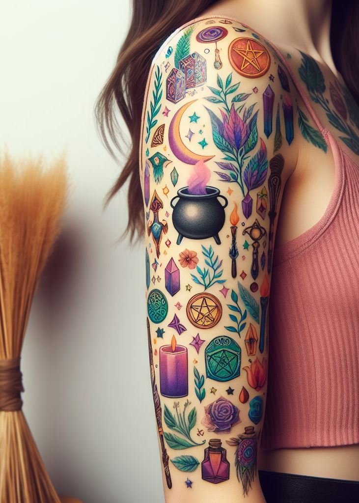 Moonlit brew: This cauldron tattoo celebrates the mystical dance of light and shadow.