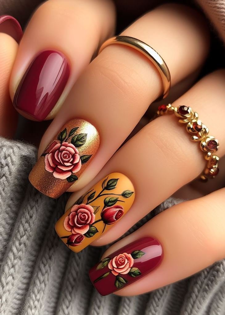 🌷 Feeling bold? These rose-inspired nails are a fusion of passion and opulence. Imagine crimson petals swirling into golden swirls—a masterpiece on your fingertips. Wear them to your next soirée and watch heads turn! 💫🌹