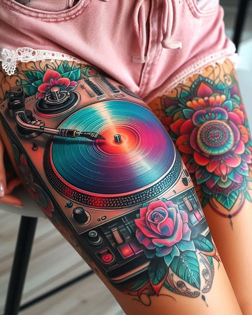 From the dance floor to your skin, DJ disc mixer tattoos bring the party with you wherever you go. These tattoos are a tribute to your life as a DJ, mixing art and music in a permanent celebration. Get inked and let the music play!