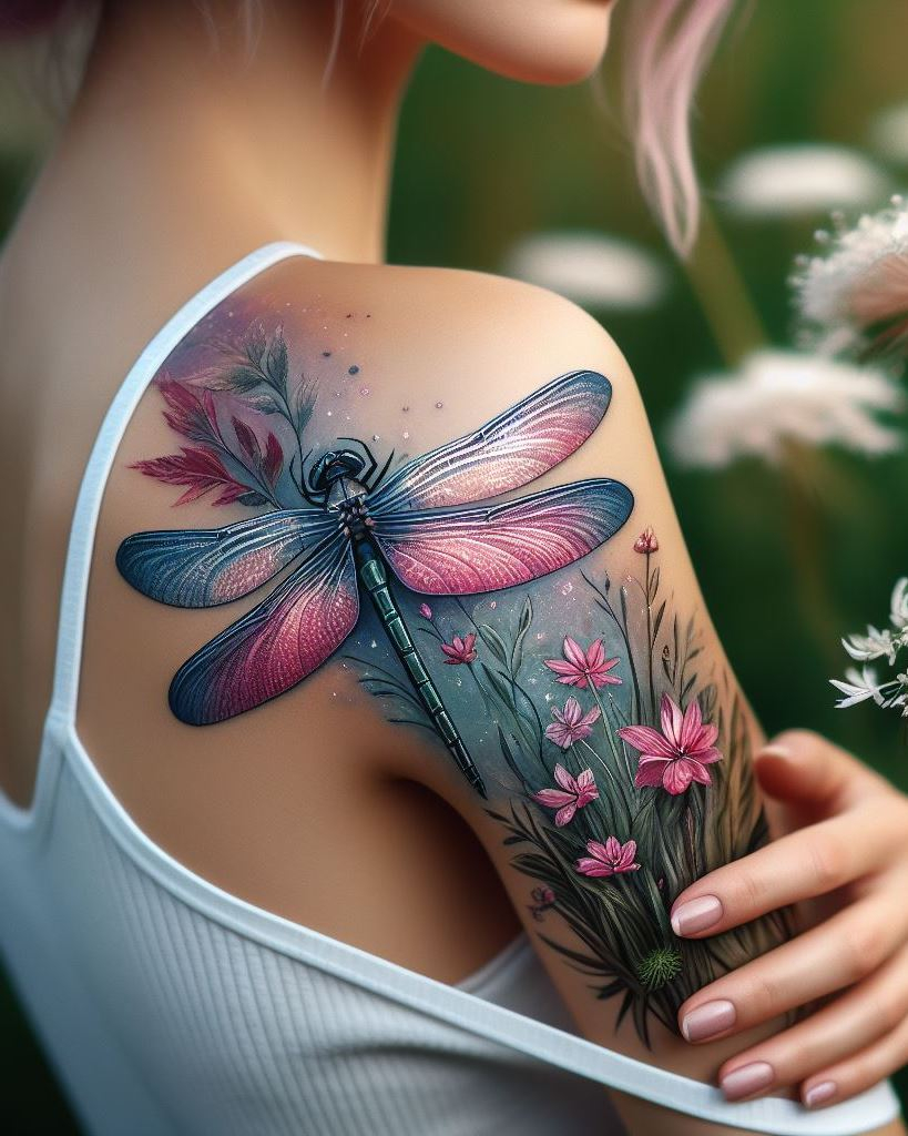 Capture the magic of transformation with dragonfly inspired shoulder and back tattoos. These ethereal designs flutter with elegance, reminding you to embrace change and soar to new heights.