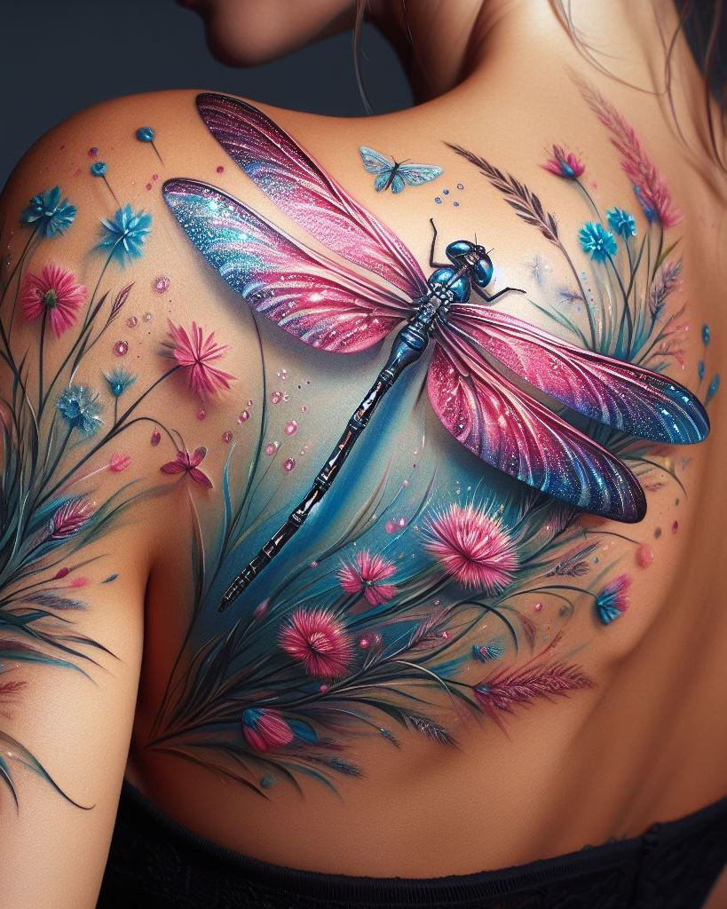 Turn heads with a dragonfly tattoo that dances across your shoulder and back. These captivating creatures embody grace and resilience, making them a perfect fit for your personal canvas.