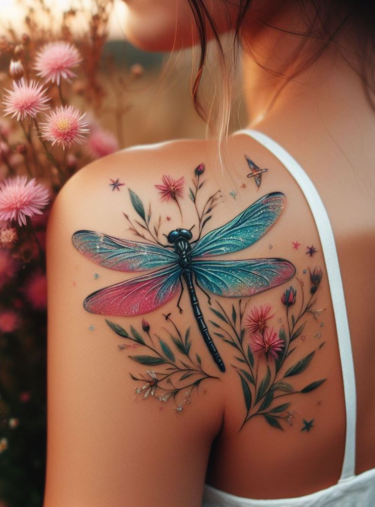 Embrace the beauty of change with dragonfly tattoos on your shoulder and back. Each fluttering wing and delicate detail is a reminder of your incredible journey and boundless potential.