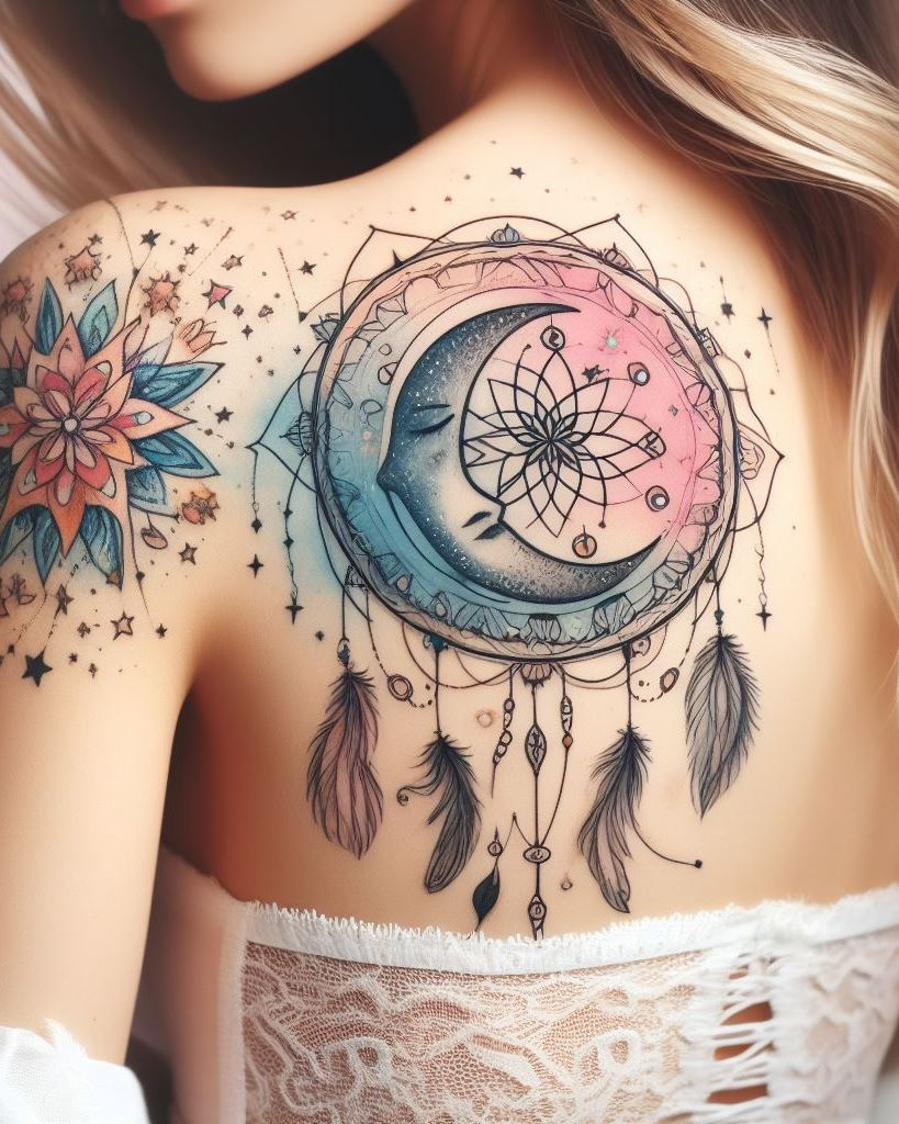 Adorn your shoulder and back with dreamcatcher tattoos that capture the essence of peace and protection. These designs are a beautiful reminder to keep dreaming big.