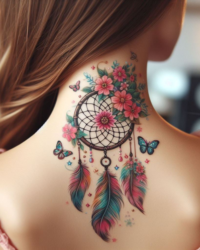 Let your dreams hang beautifully with dreamcatcher inspired shoulder and back tattoos. These stunning designs capture the essence of protection and hope, adding a mystical touch to your ink.