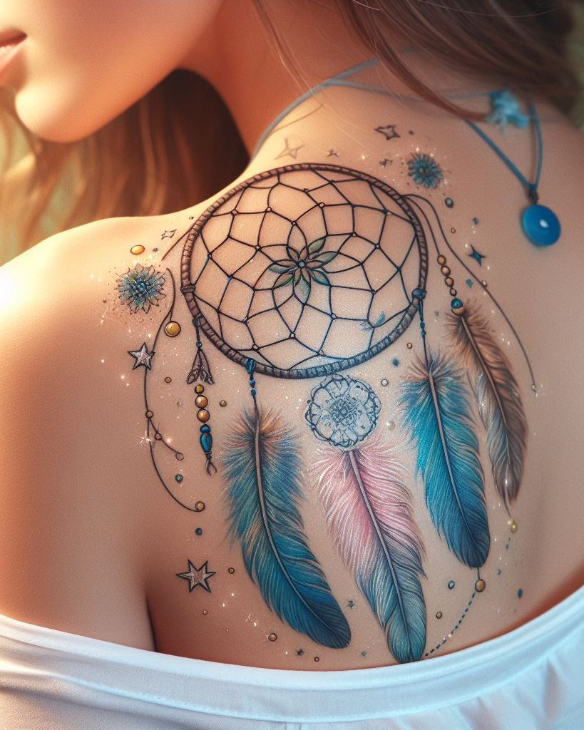 Embrace the power of dreams with dreamcatcher tattoos on your shoulder and back. These enchanting designs weave a web of protection and beauty that you'll love to show off.