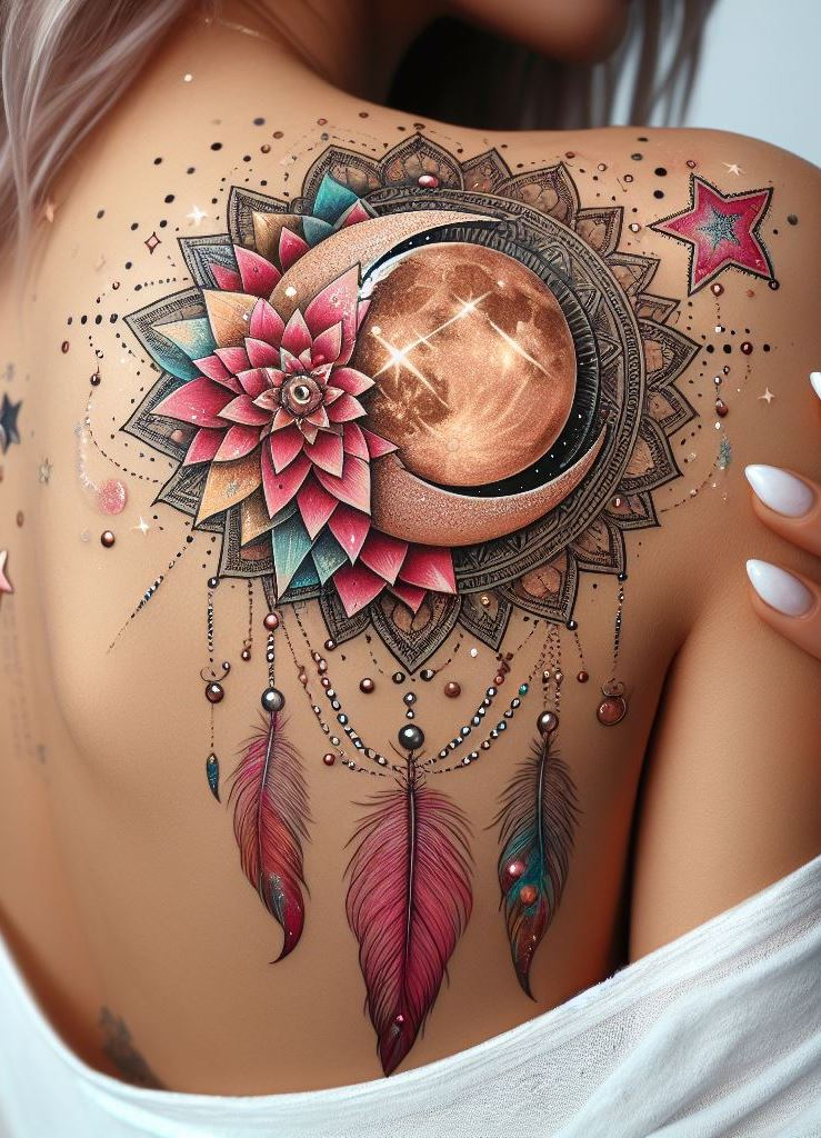 Transform your shoulder and back with the enchanting charm of dreamcatcher tattoos. These designs symbolize hope, protection, and the beauty of dreams captured.