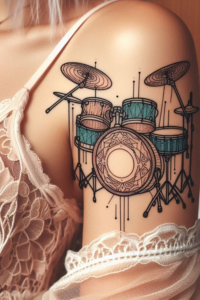 Feel the beat with drum set tattoos that strike all the right chords. These designs are a tribute to your passion for percussion, making every tattoo session a jam session.