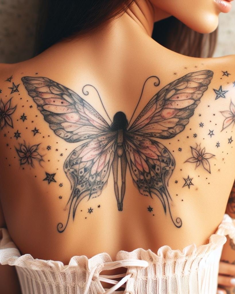 Transform your shoulder and back into a fairy tale with fairy tattoos. These delicate designs flutter with charm and fantasy, perfect for those who believe in a little bit of magic.
