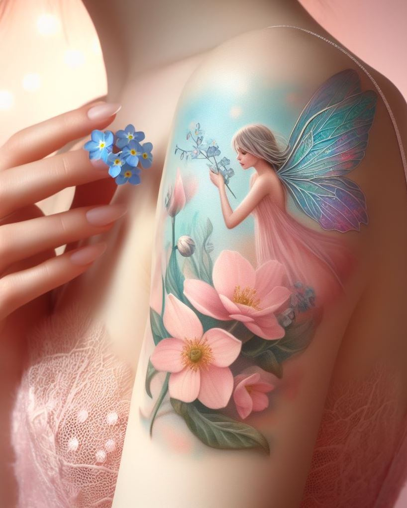 Petal-Winged Whispers: Picture a fairy with petals for wings, flitting among wildflowers. This tattoo celebrates the delicate balance between nature and magic.