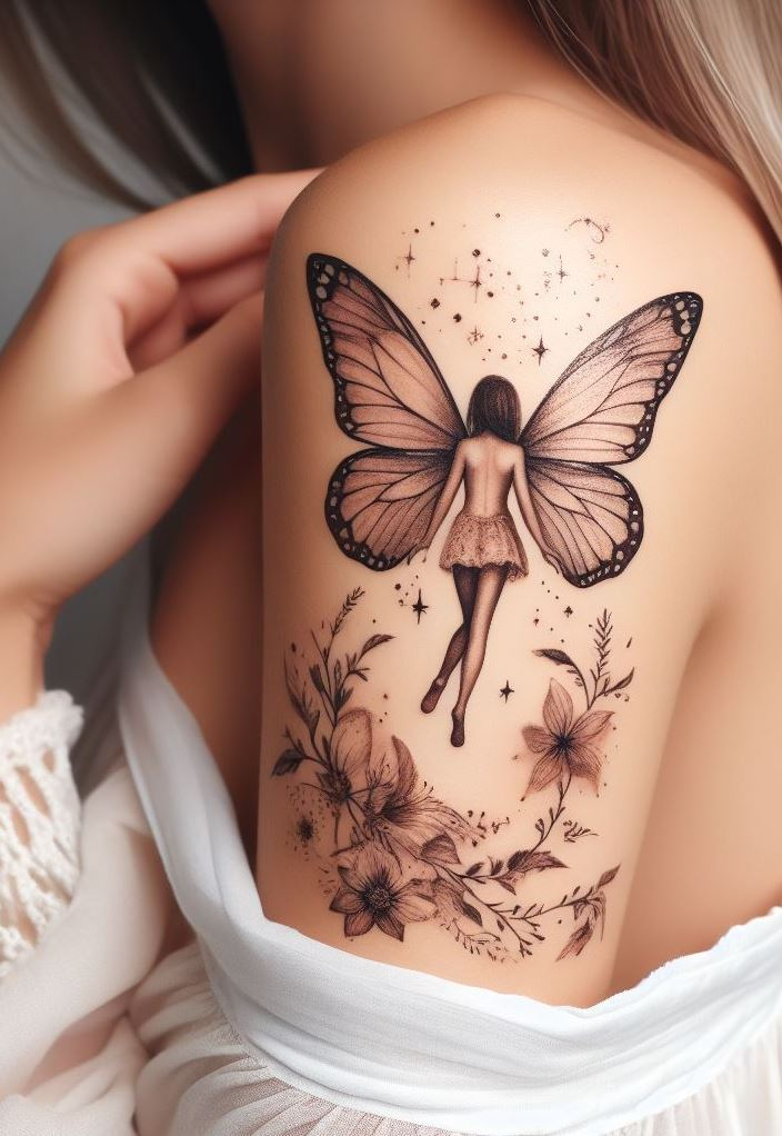 Featherlight Dreams: Ink a fairy holding a feather quill, poised to write your wildest imaginings. This tattoo merges creativity with enchantment.