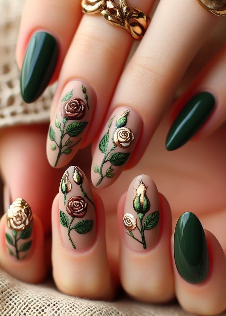 When emerald meets gold, enchantment blooms! These rose-inspired nails blend lush green hues with gilded accents, creating a botanical masterpiece on your fingertips. Perfect for garden parties or when you want to channel your inner forest nymph.