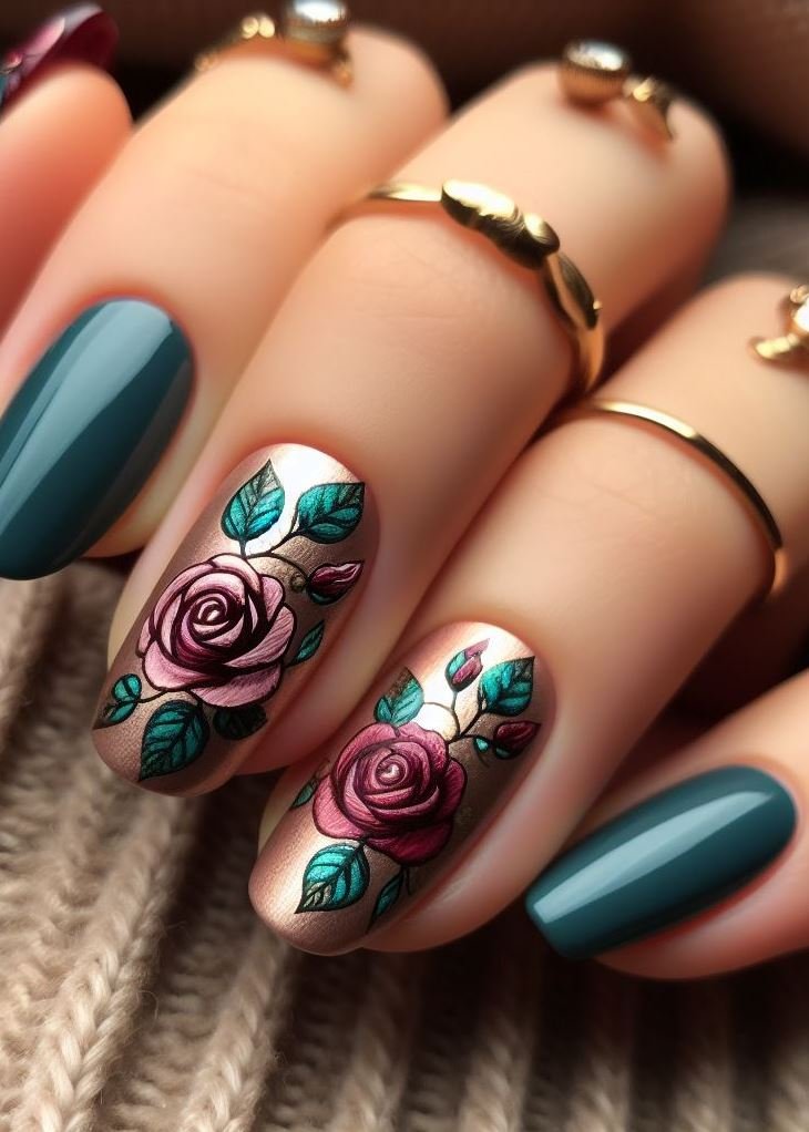 Roses in the rainforest? Absolutely! These deep green nails, adorned with delicate golden vines, evoke the lushness of tropical flora. Imagine sipping a piña colada surrounded by exotic blooms. Cheers to paradise!