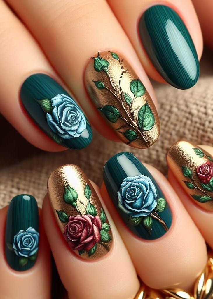 Green French tips get a celestial upgrade with golden moon and star details. It’s like stargazing in a rose garden, where constellations bloom alongside petals. Nail art that’s out of this world!