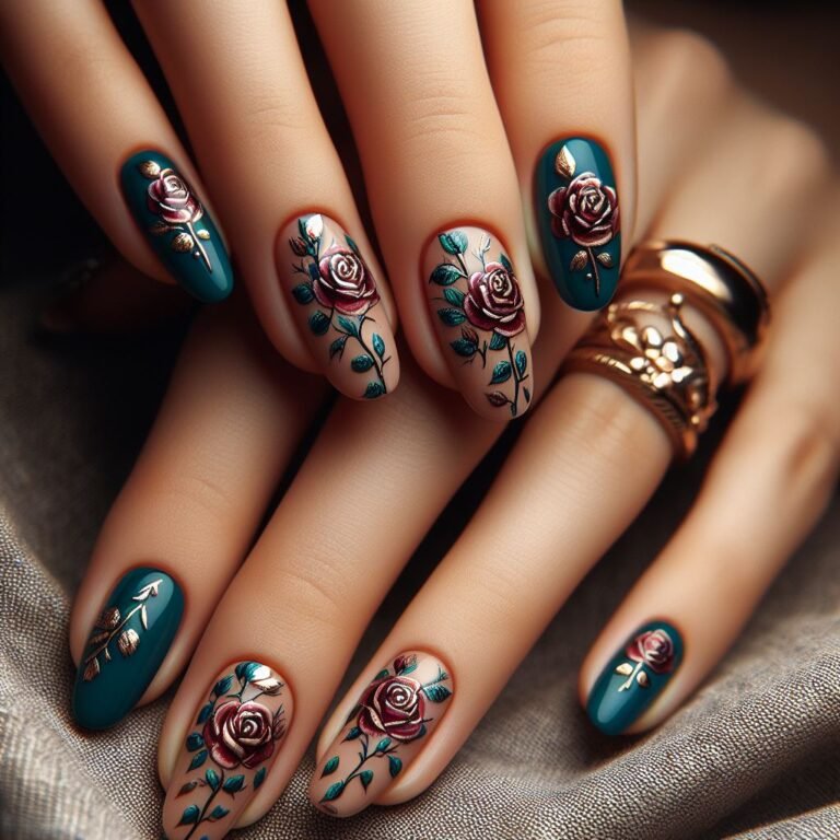 Green and Gold Rose Nail Art Ideas Cover