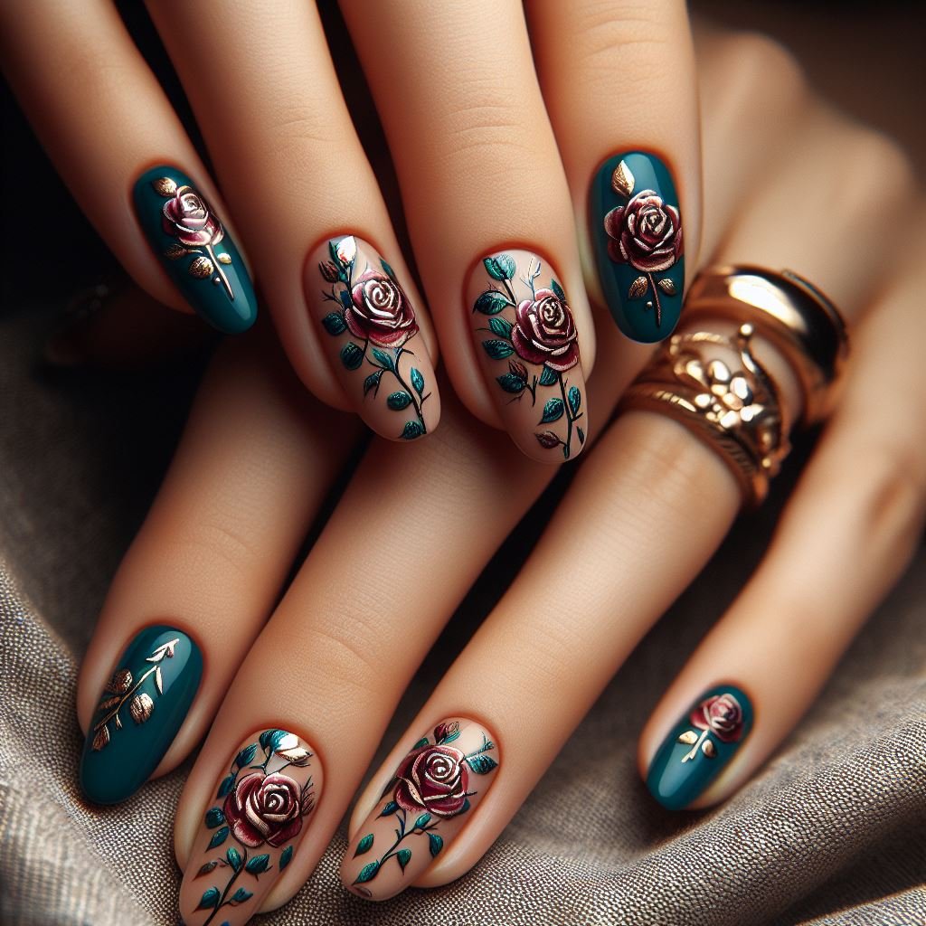 Green and Gold Rose Nail Art Ideas Cover