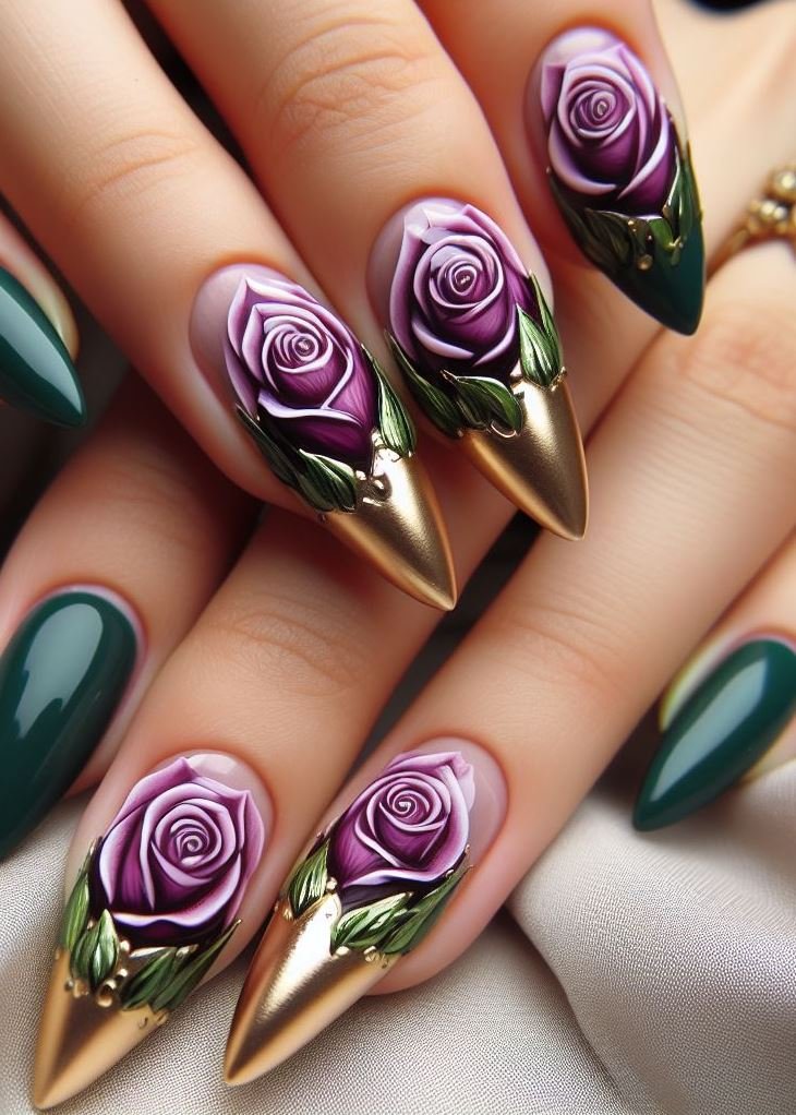 Emerald elegance! These rose-inspired nails feature intricate gold detailing, as if dewdrops caught the morning sun. Whether you’re attending a garden wedding or simply sipping herbal tea, let your nails bloom. 🌹