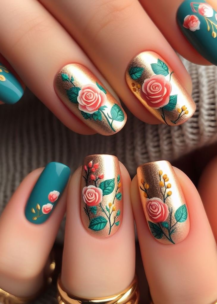 Roses aren’t just red; they’re green and golden too! These geometric green French tips, sprinkled with little golden stars and hearts, redefine classic elegance. Nail art that whispers sophistication with a playful twist.