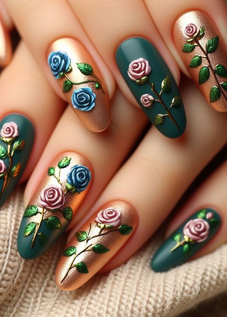 Ever wondered how Mother Nature does her nails? Look no further! These long square nails, adorned with subtle rose gold accents, resemble dew-kissed leaves at dawn. A fresh take on floral elegance.
