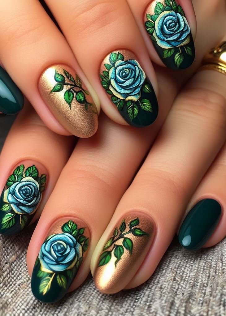 Channel your inner forest fairy with green nails kissed by golden butterflies. The delicate red accents add a touch of whimsy, as if the roses themselves decided to take flight. Flutter away, my lovely!