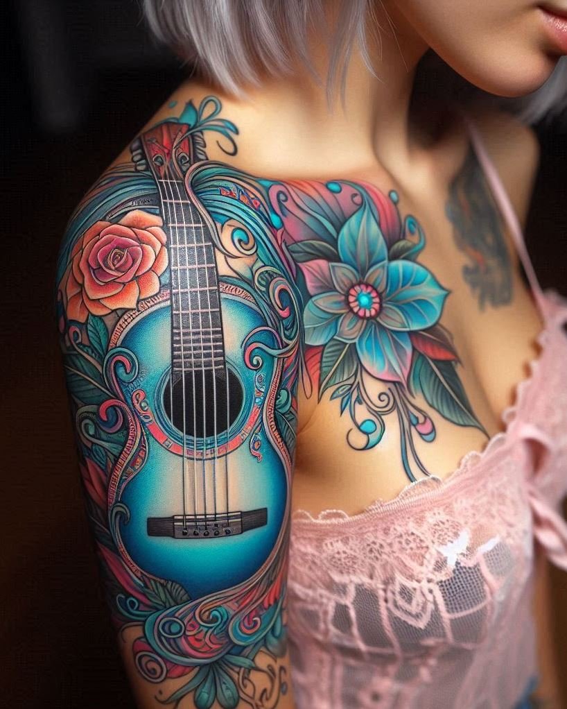 Strum your way into stylish ink with guitar themed tattoos that capture the essence of your musical journey. These designs are perfect for guitar lovers who want to make a permanent statement.