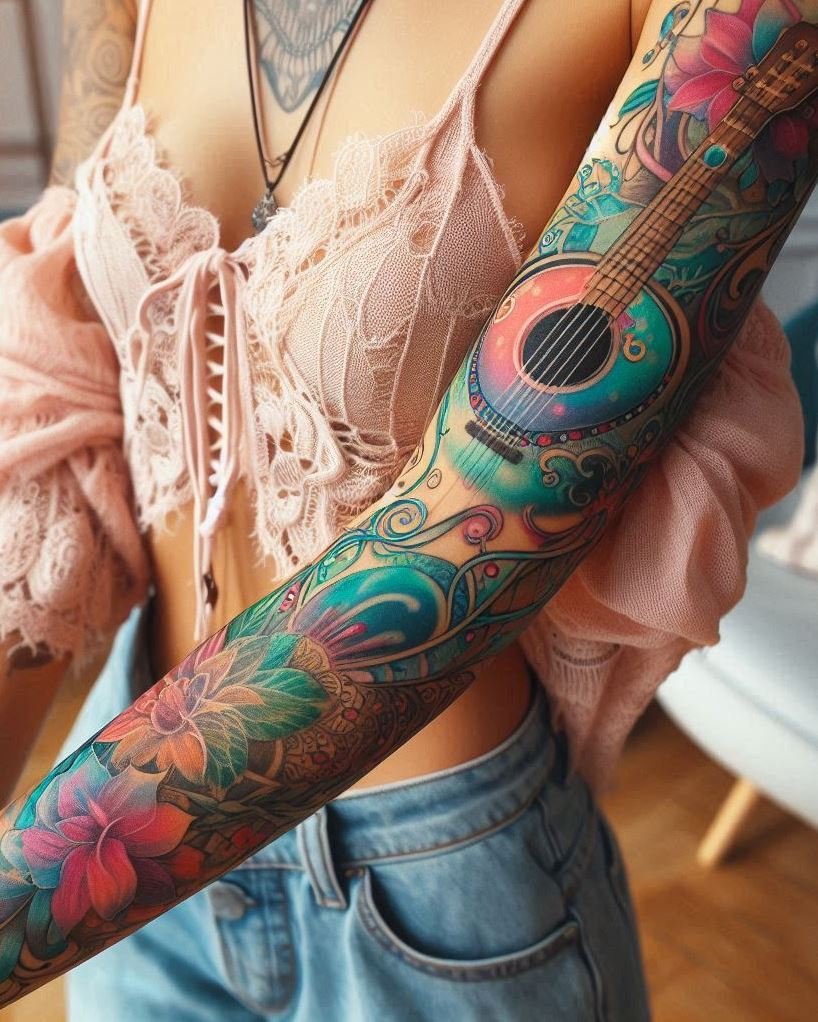 Let your love for guitar take center stage with stunning tattoos that capture the essence of your favorite instrument. Perfect for musicians and music fans alike, these designs hit all the right notes.