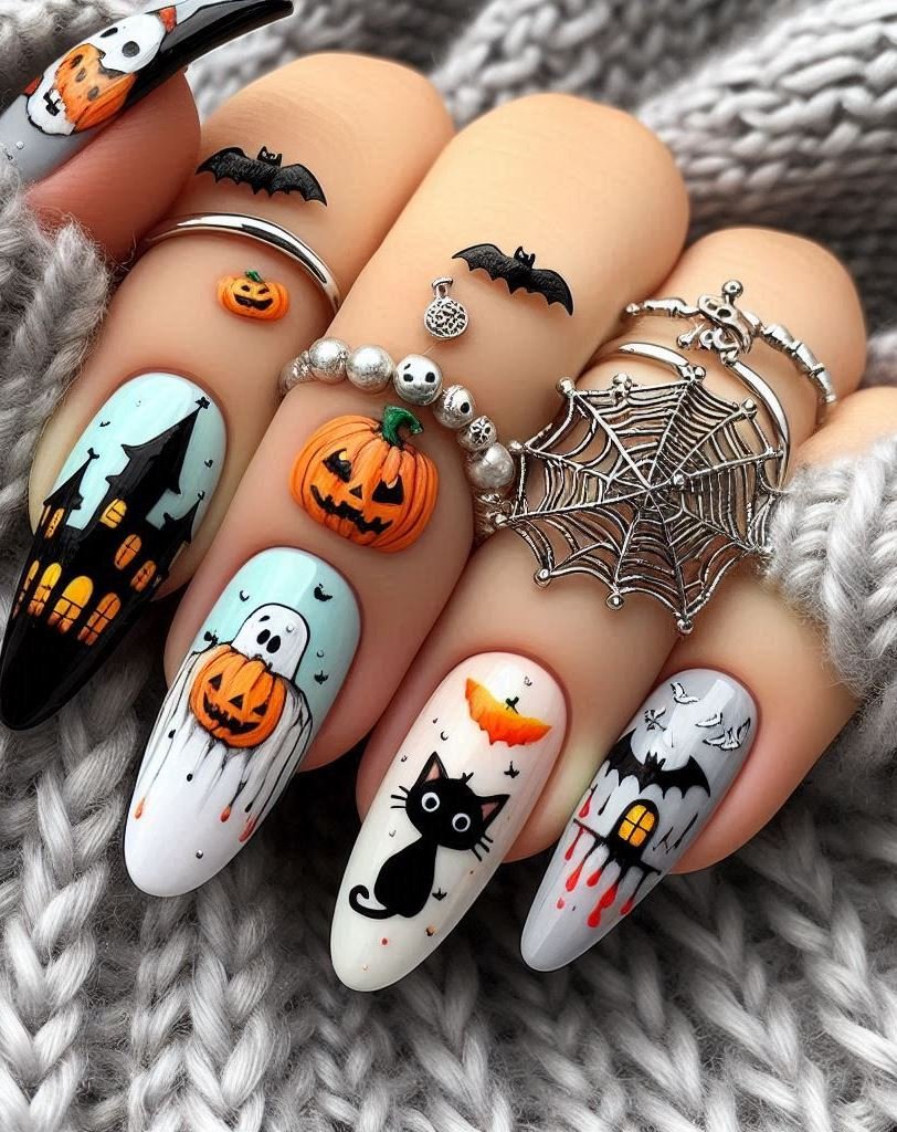 Halloween Nails: Spooktacular Spooky Designs That Are Fang-tastic | Pocoko Witchy Glamour: Brew up some nail magic with these spellbinding Halloween designs. From crescent moons to cauldrons, your fingertips will be the talk of the coven. 🌙🔮