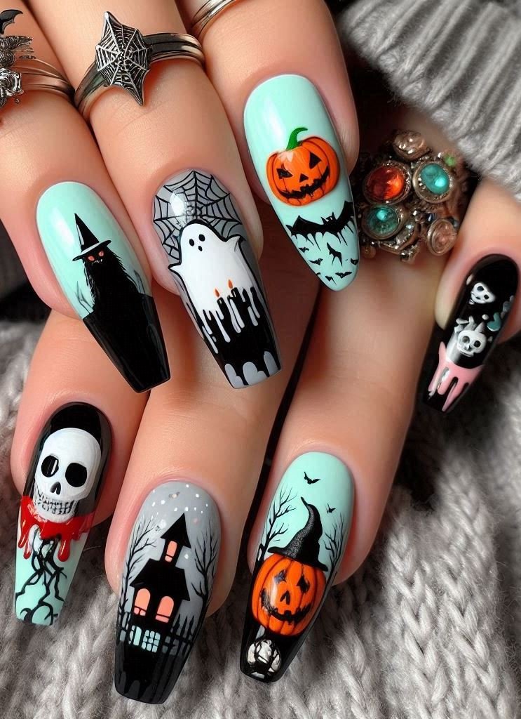 Halloween Nails: Spooktacular Spooky Designs That Are Fang-tastic | Pocoko Vampire Kisses: Blood-red nails with subtle lip prints. Because even vampires need a little romance. 💋🦇