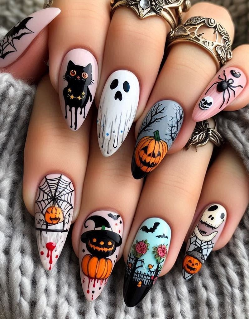 Halloween Nails: Spooktacular Spooky Designs That Are Fang-tastic | Pocoko Glowing Gravestones: Gray nails with tombstone accents. Perfect for graveyard picnics. ☠️🌲