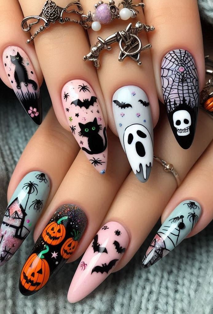 Halloween Nails: Spooktacular Spooky Designs That Are Fang-tastic | Pocoko Wickedly Whimsical: Add tiny broomsticks, cauldrons, and spellbooks to your nails. Bonus points if they’re invisible to Muggles. 🧹📚