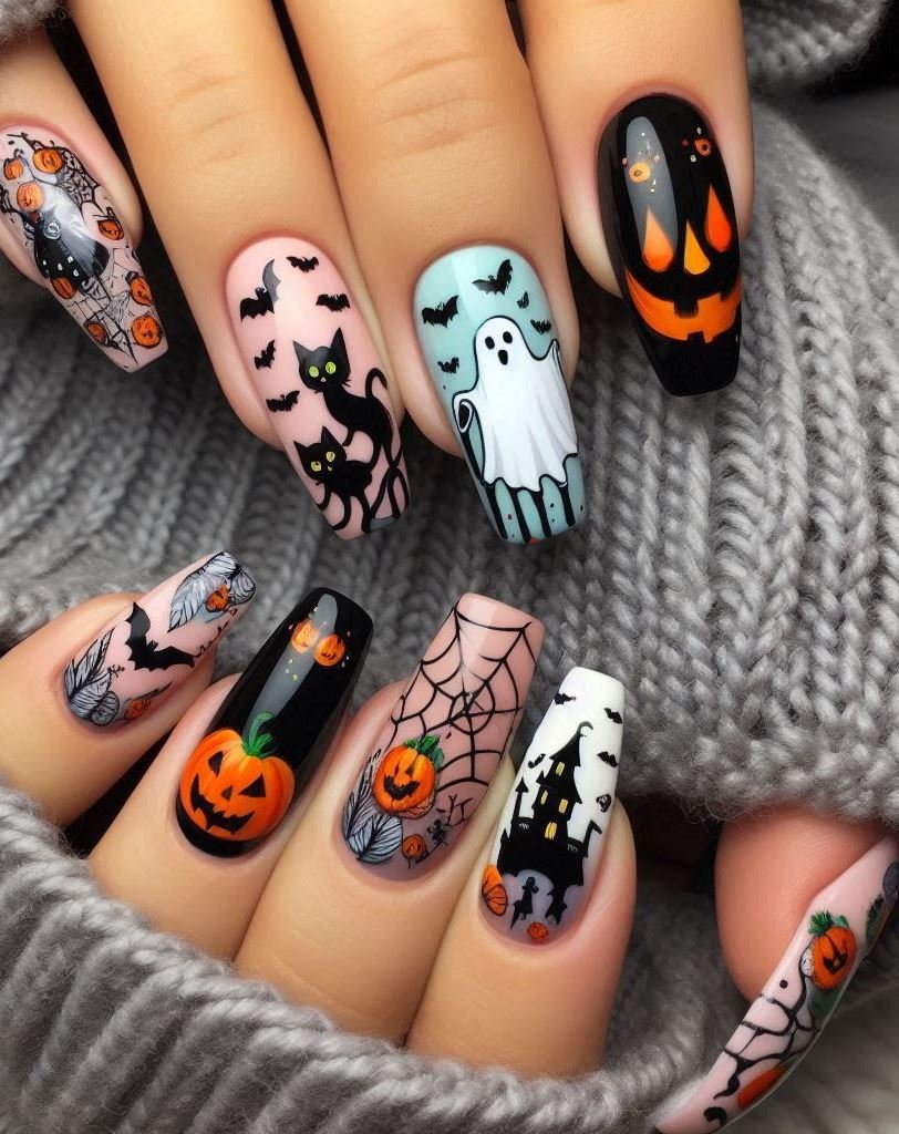 Halloween Nails: Spooktacular Spooky Designs That Are Fang-tastic | Pocoko Mystical Moons: Crescent moons, full moons, and half moons—these nails are a lunar dream. 🌘🌕