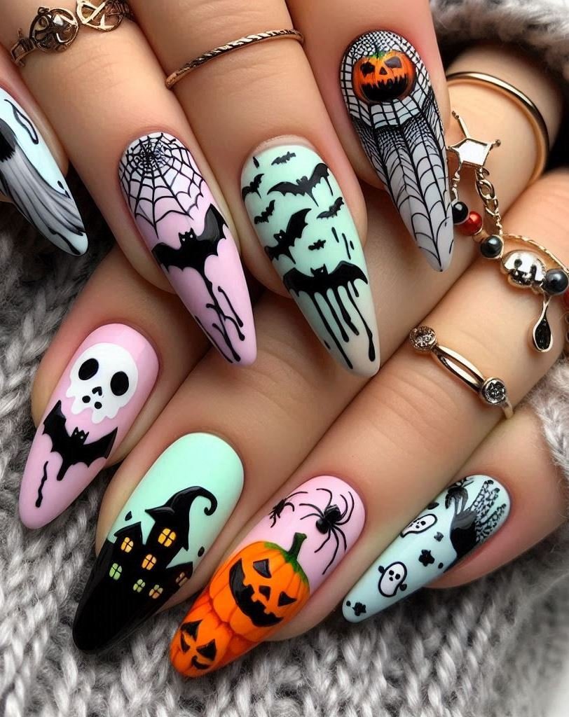 Halloween Nails: Spooktacular Spooky Designs That Are Fang-tastic | Pocoko Grim Reaper Glam: Black nails with tiny scythes and hourglasses. Because even death needs a killer manicure. ⌛💀