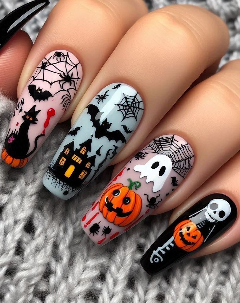 Halloween Nails: Spooktacular Spooky Designs That Are Fang-tastic | Pocoko Bewitched Bows: Add tiny bows to your nails for a touch of whimsy. Because even witches deserve cute accessories.
